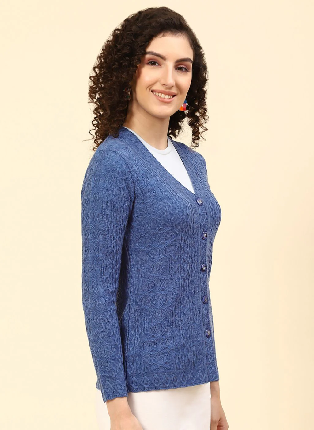 Women Blue Self Design Wool blend Cardigan - Image 4