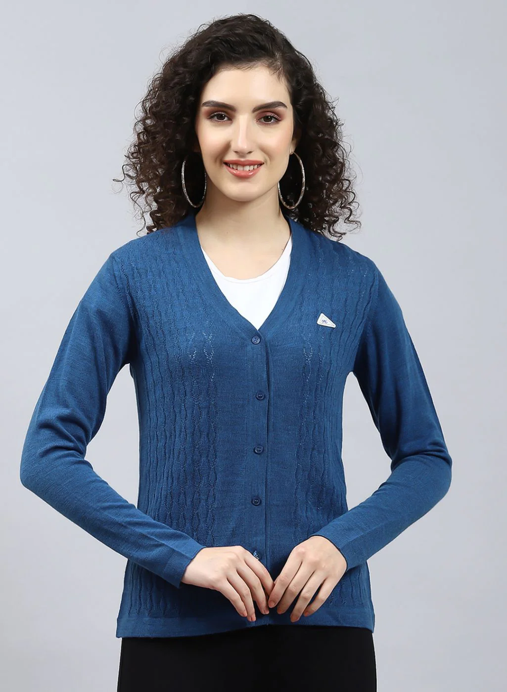 Women Blue Self Design Wool blend Cardigan - Image 2