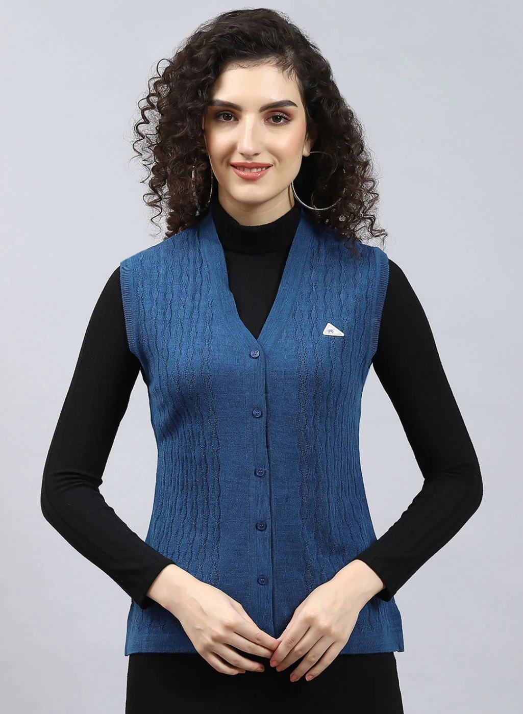 Women Blue Self Design Wool blend Cardigan - Image 2