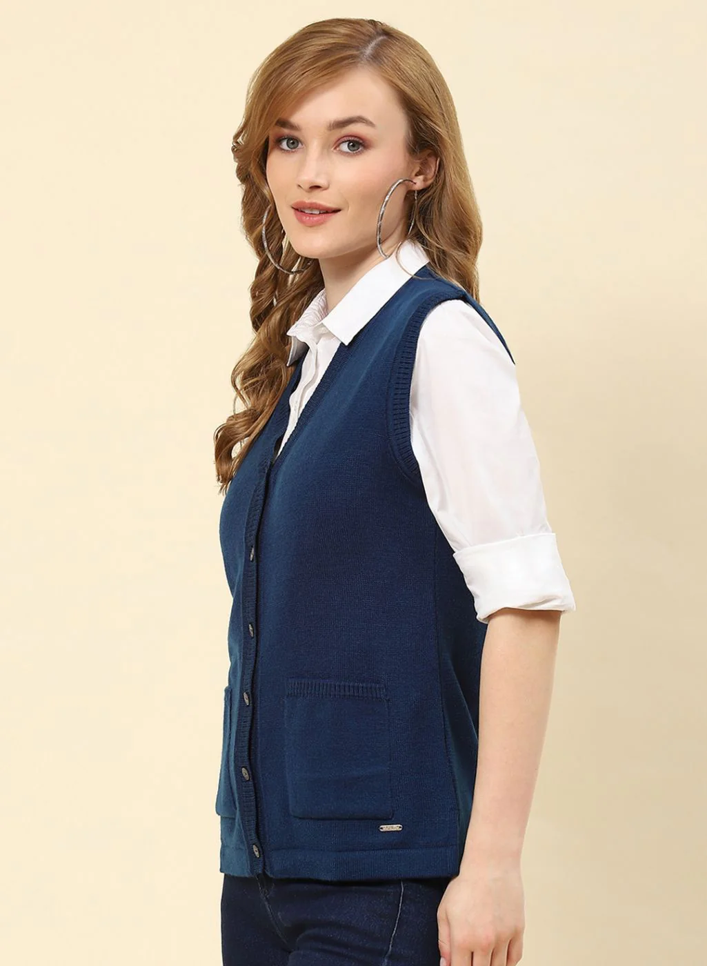 Women Blue Solid Blend wool Cardigan - Image 3