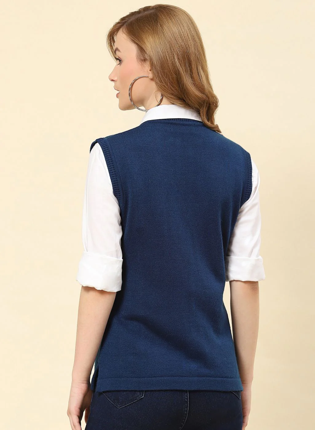 Women Blue Solid Blend wool Cardigan - Image 5