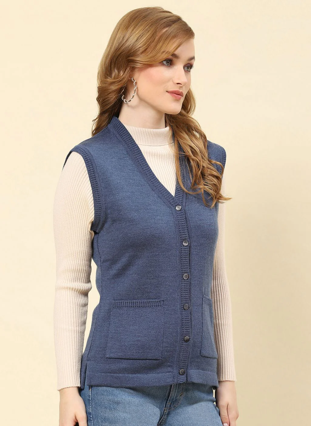 Women Blue Solid Blend wool Cardigan - Image 4