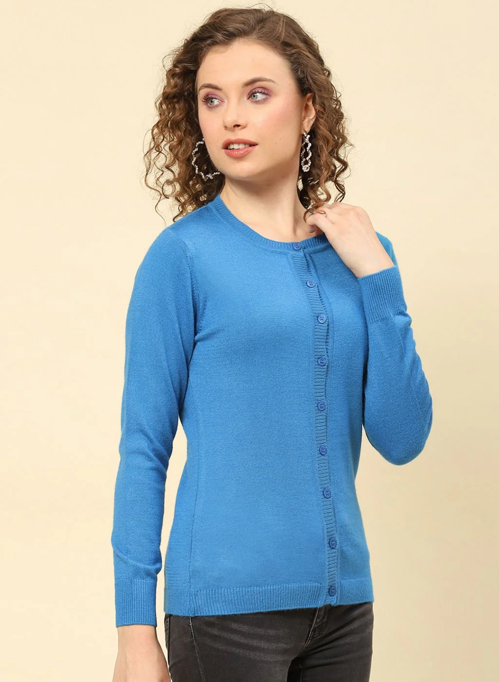 Women Blue Solid Modal Nylone Cardigan - Image 4