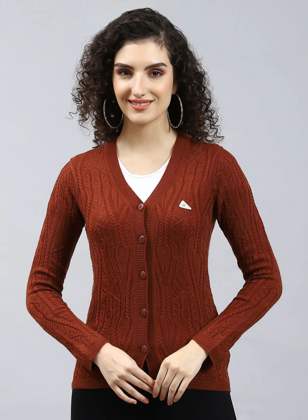 Women Brown Self Design Wool blend Cardigan - Image 2