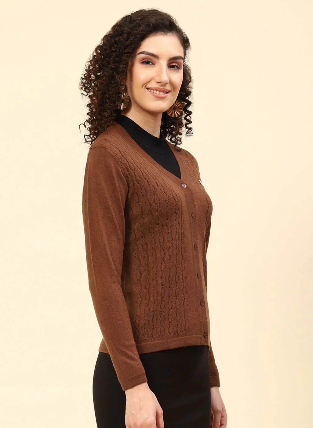 Women Brown Self Design Wool blend Cardigan - Image 4