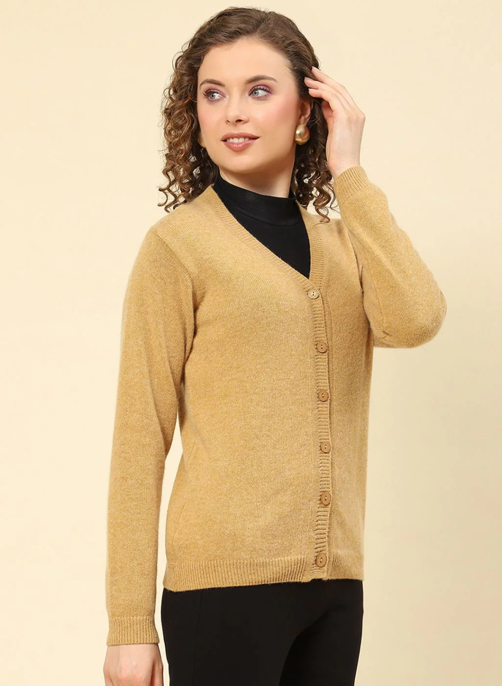 Women Brown Solid Lamb wool Cardigan - Image 4