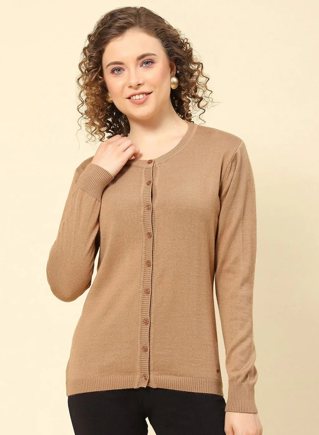 Women Brown Solid Modal Nylone Cardigan - Image 2