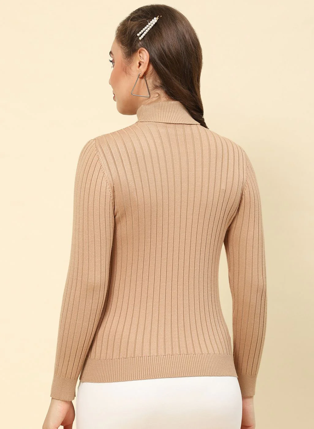 Women Camel Brown Self Design Blend wool Winter Top - Image 5