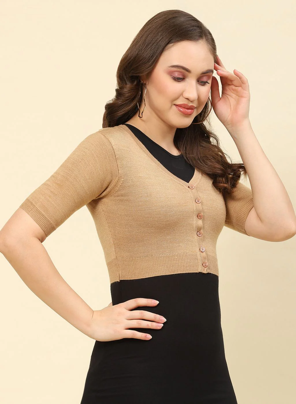 Women Camel Brown Solid Blend wool Blouse - Image 4