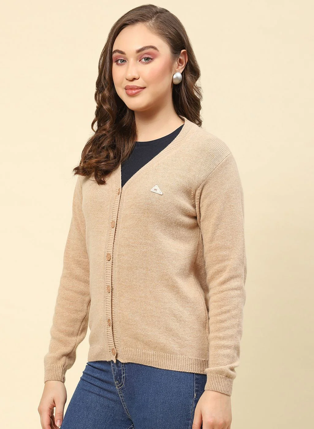 Women Camel Brown Solid Lamb wool Cardigan - Image 3