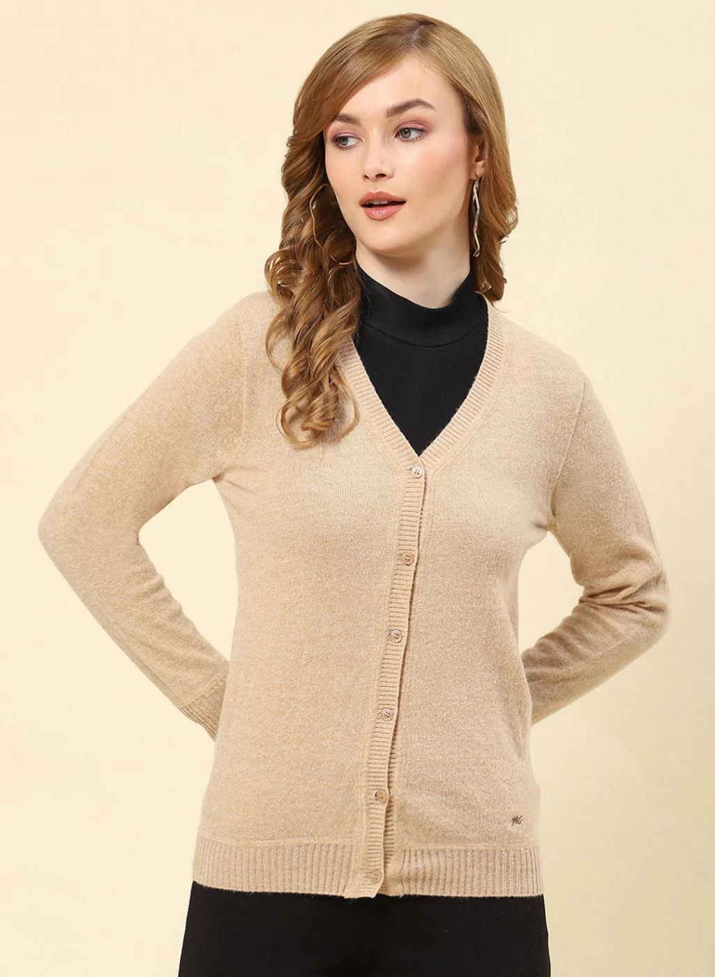 Women Camel Brown Solid Lamb wool Cardigan - Image 2