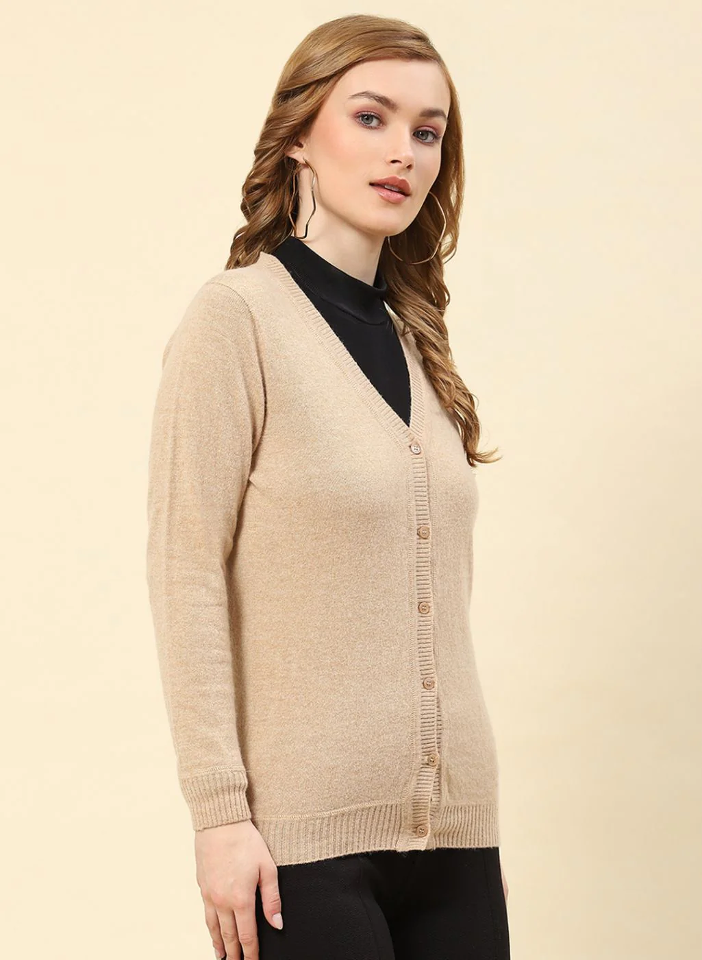 Women Camel Brown Solid Lamb wool Cardigan - Image 4