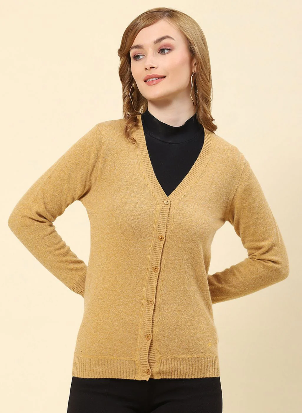 Women Camel Brown Solid Lamb wool Cardigan - Image 2