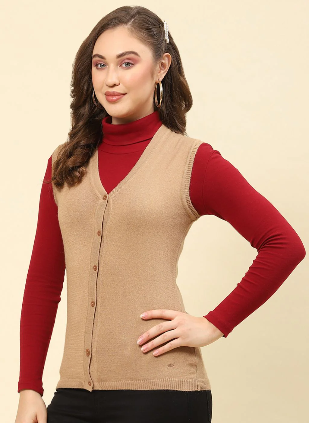 Women Camel Brown Solid Modal Nylone Cardigan - Image 3