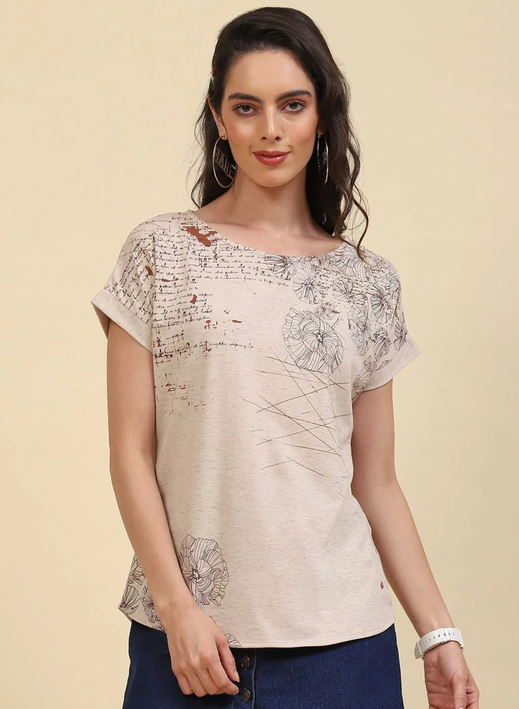 Women Cream Printed Top - Image 2