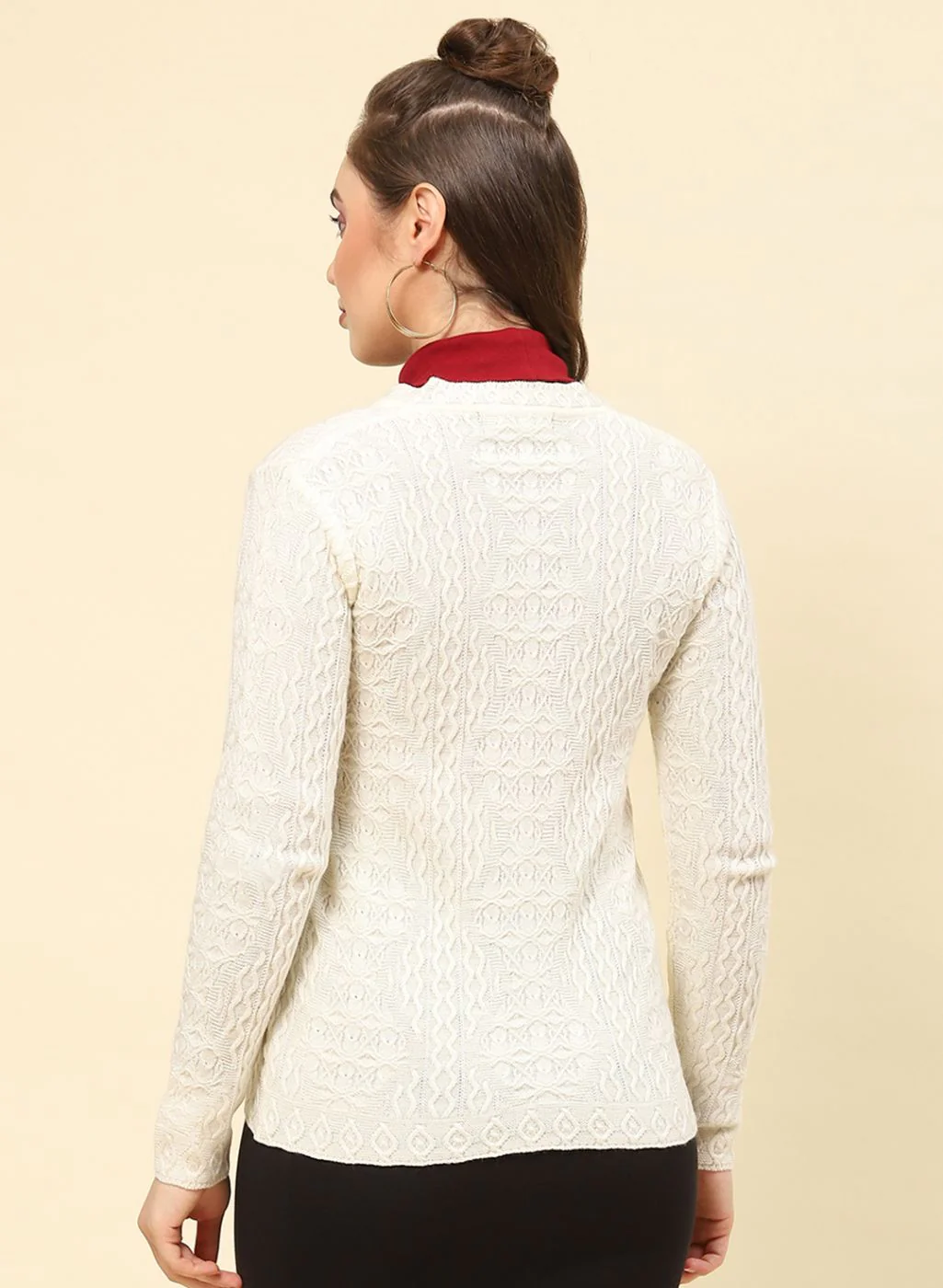 Women Cream Self Design Blend wool Cardigan - Image 5