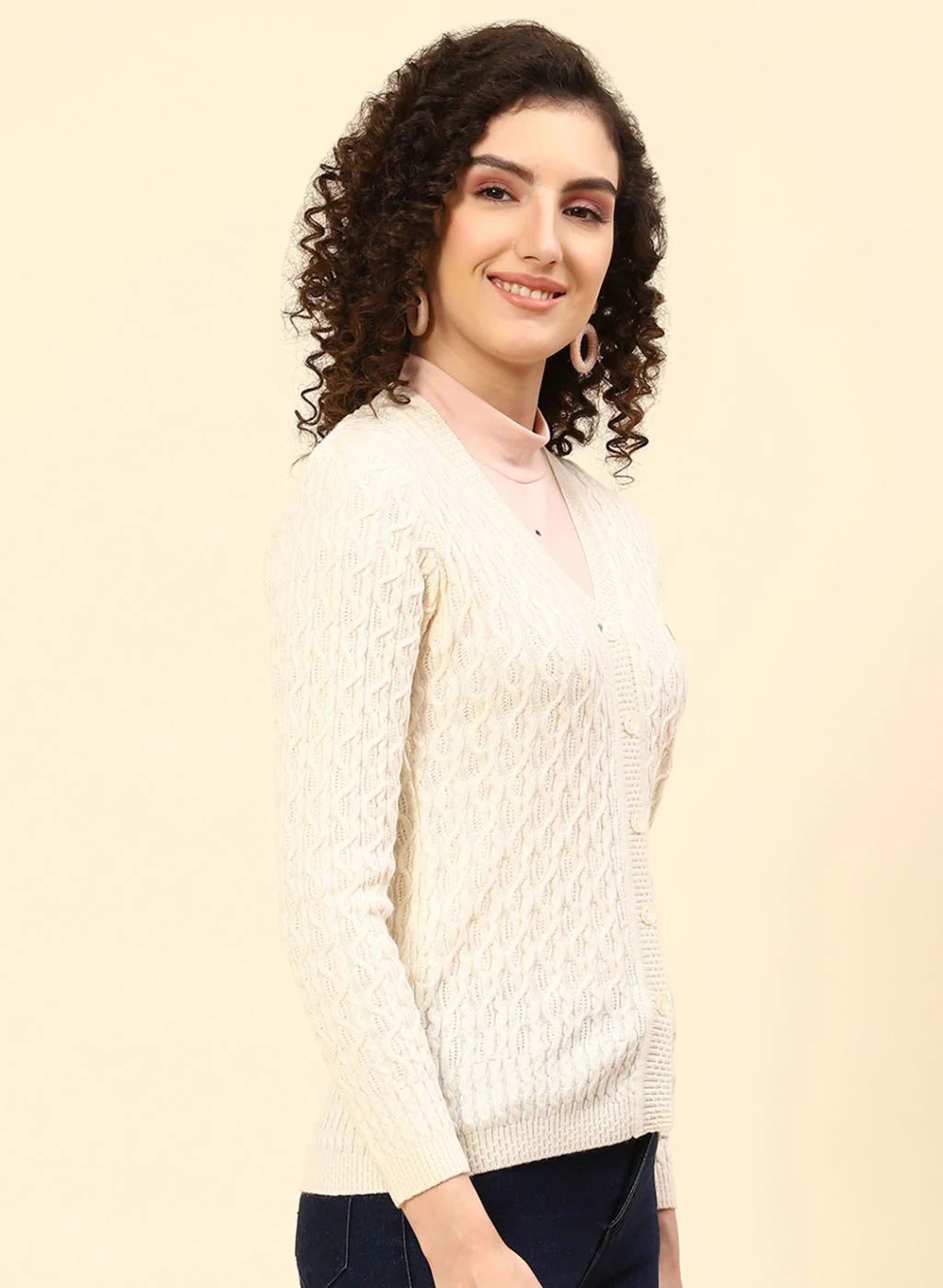 Women Cream Self Design Wool blend Cardigan - Image 4