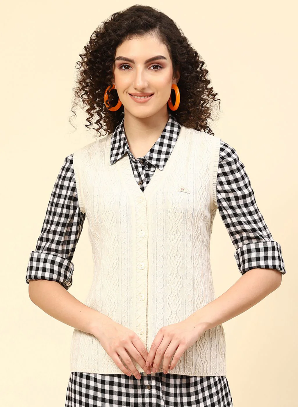 Women Cream Self Design Wool blend Cardigan - Image 2