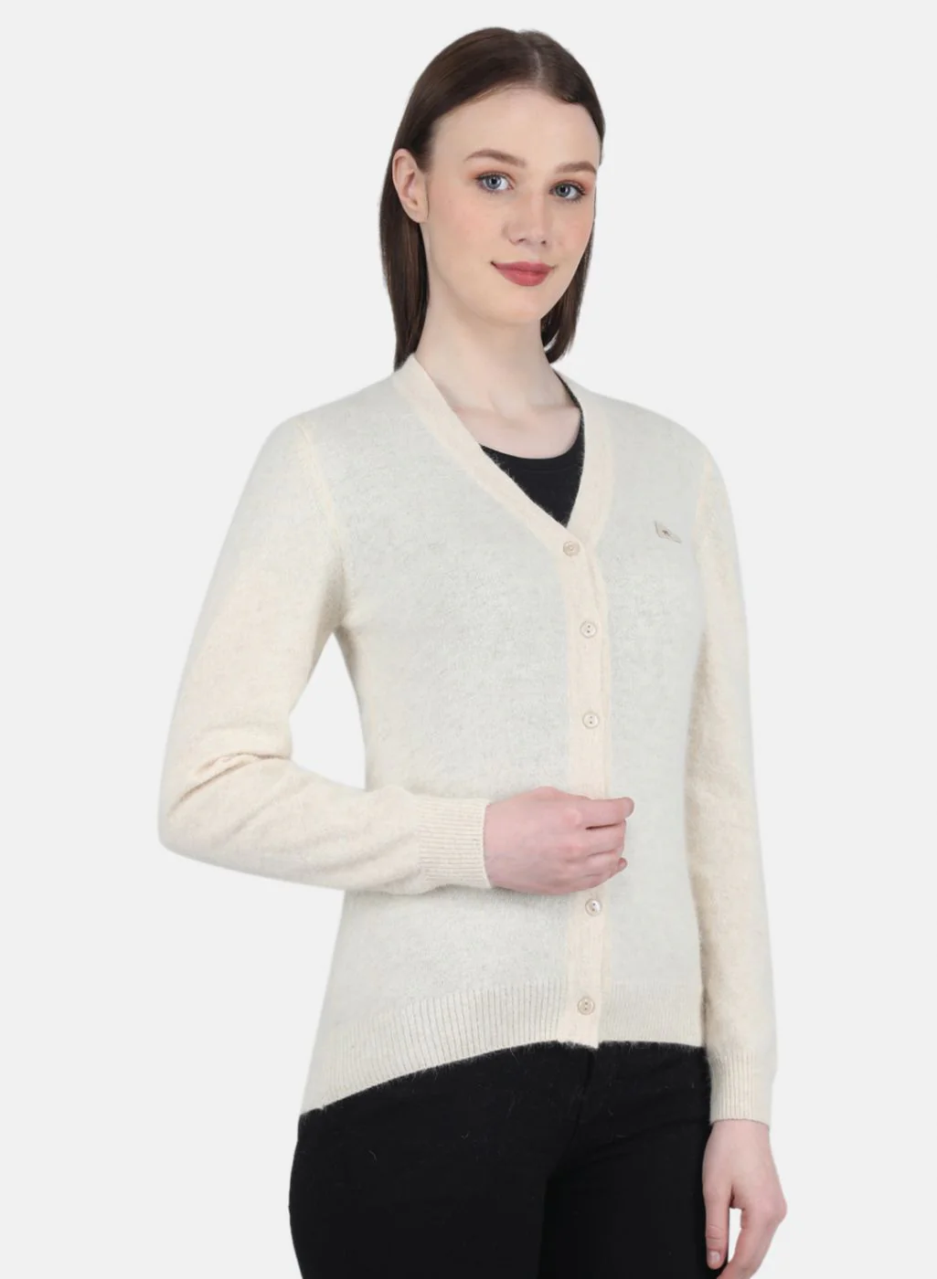 Women Cream Solid Cardigan - Image 6