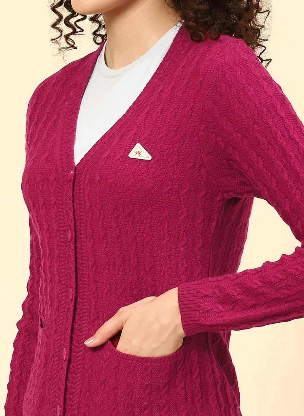 Women Dark Pink Self Design Wool blend Cardigan - Image 6