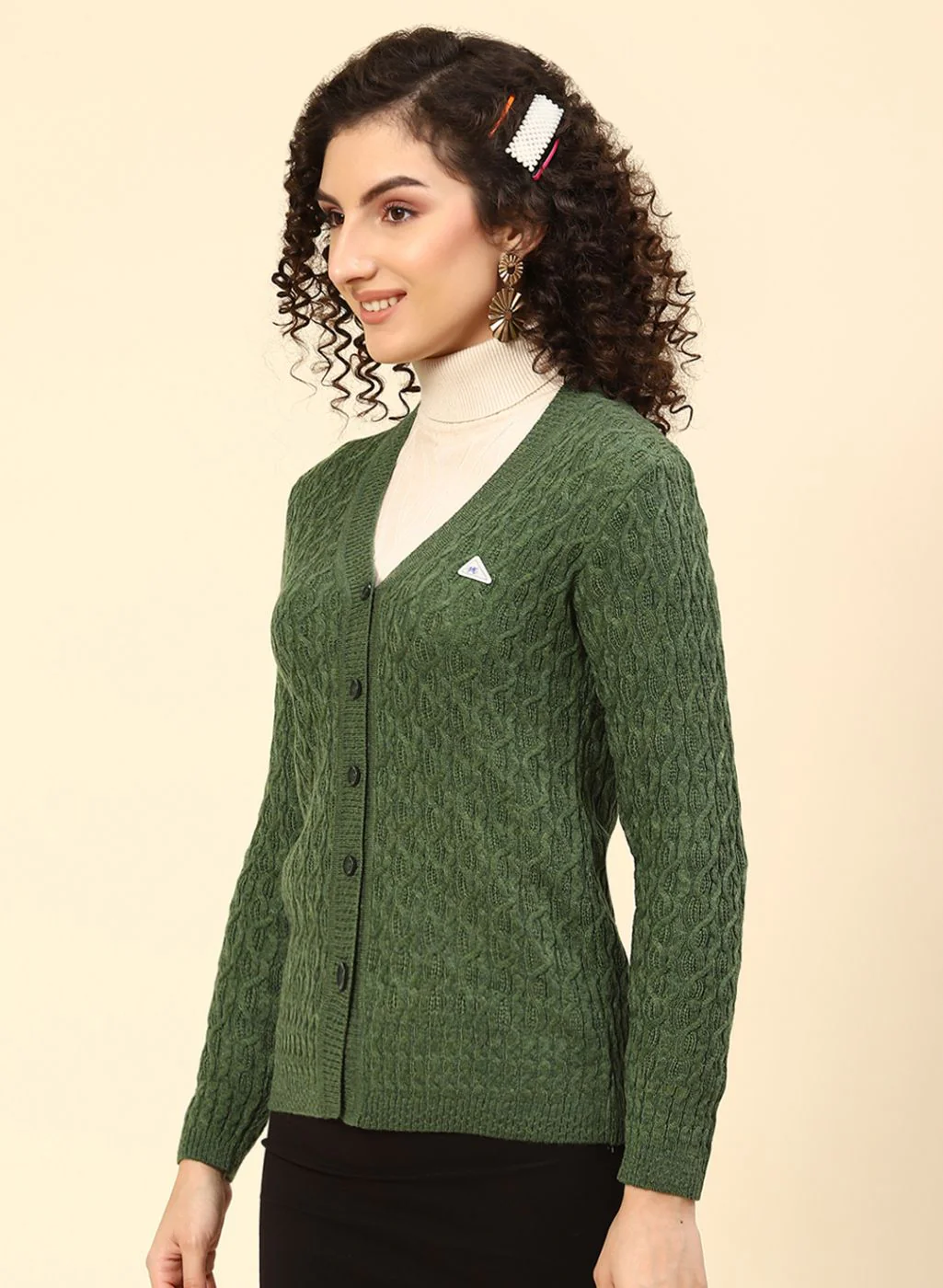 Women Green Self Design Wool blend Cardigan - Image 3