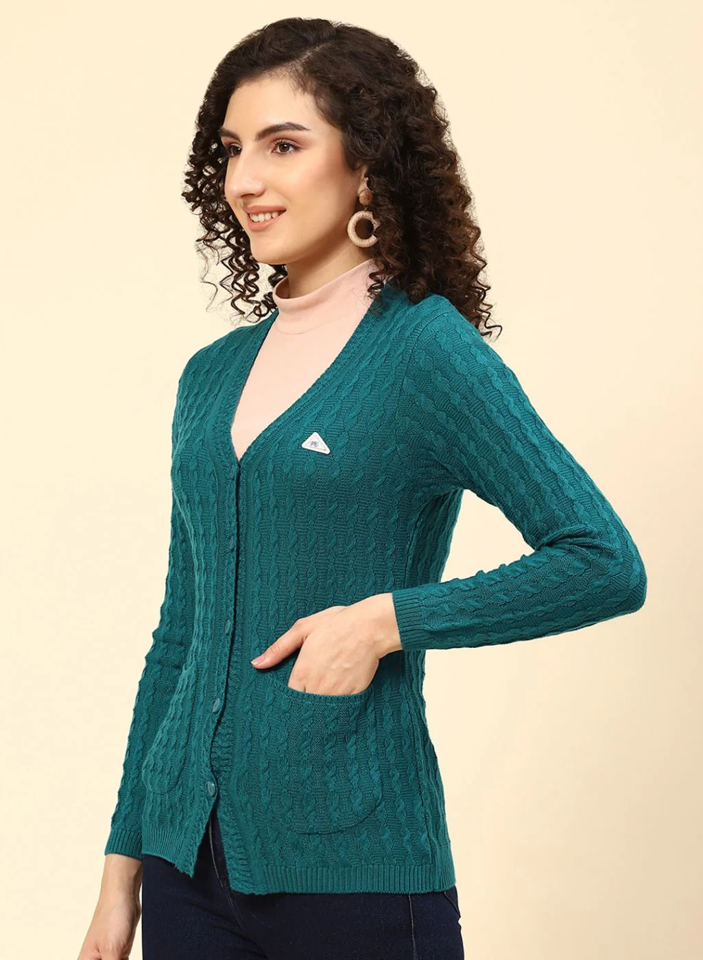 Women Green Self Design Wool blend Cardigan - Image 3
