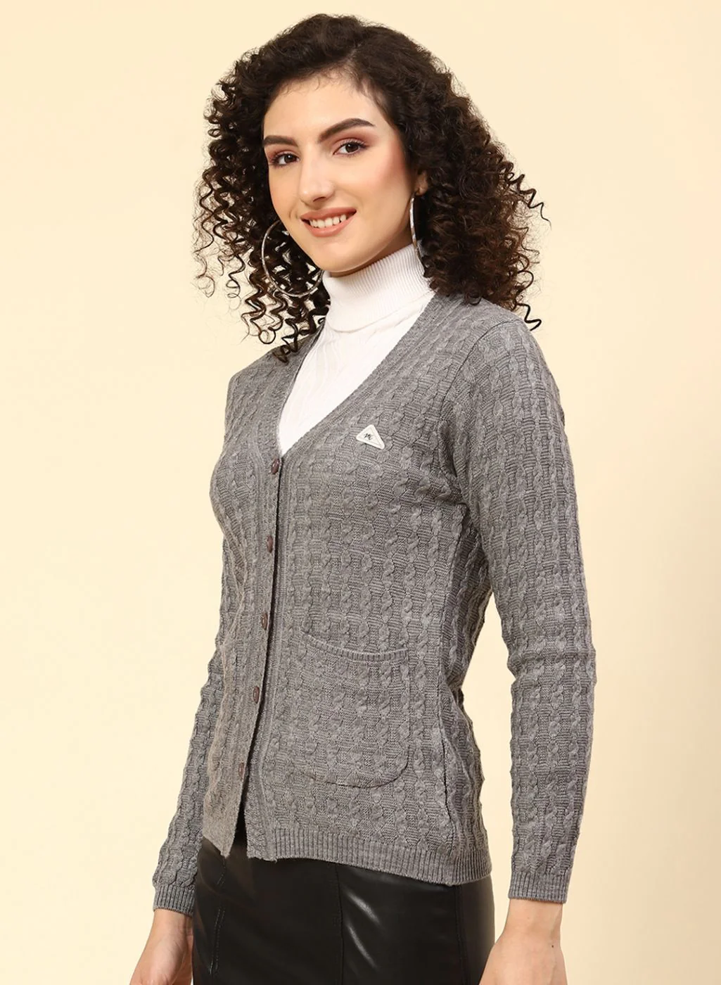 Women Grey Self Design Wool blend Cardigan - Image 3