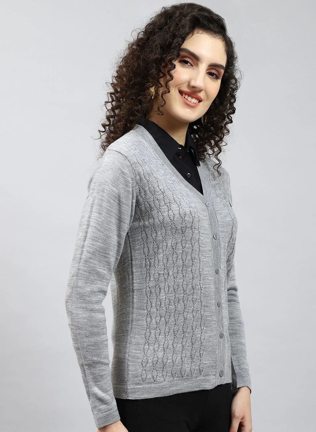Women Grey Self Design Wool blend Cardigan - Image 4