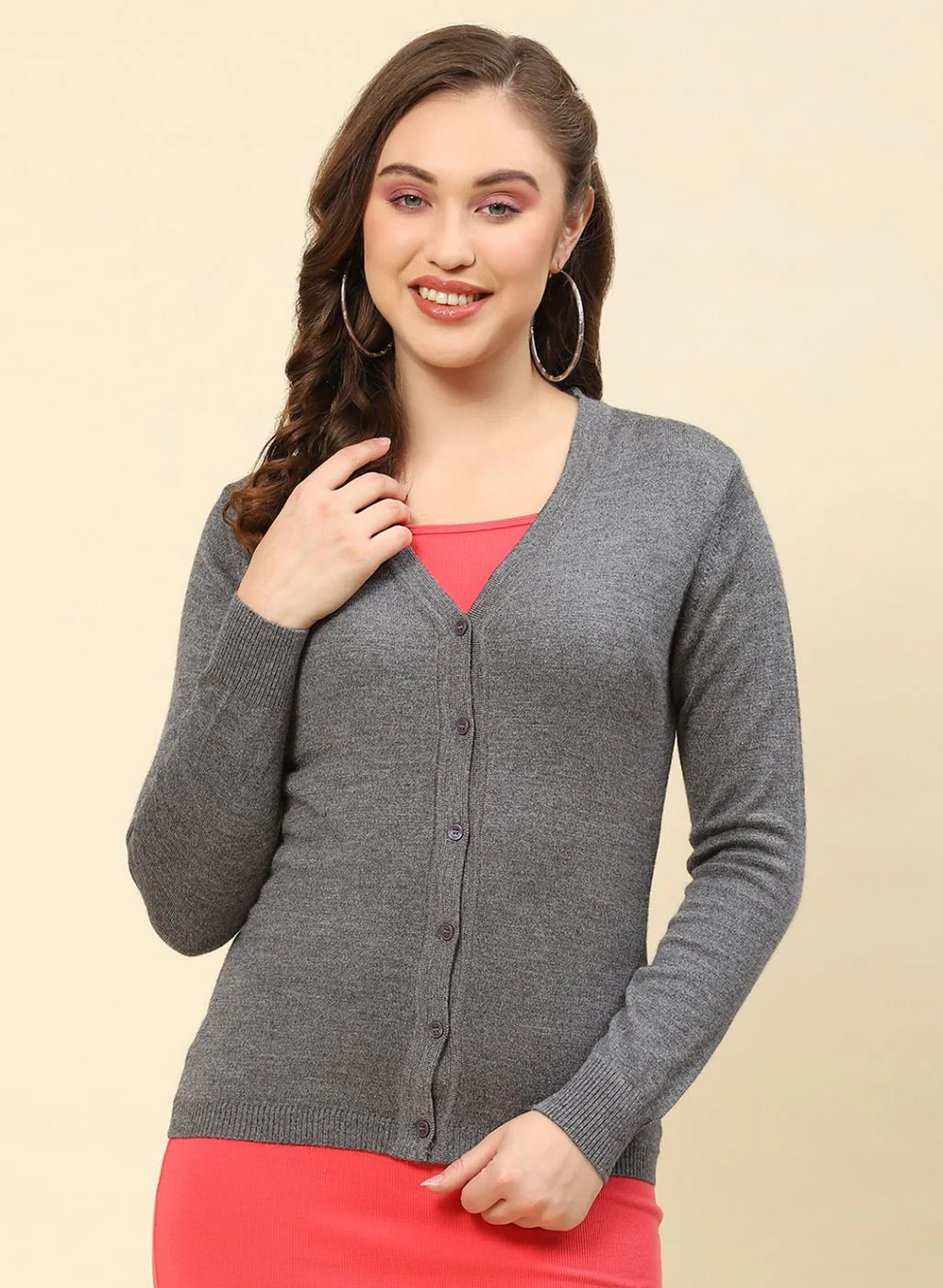 Women Grey Solid Modal Nylone Cardigan - Image 2