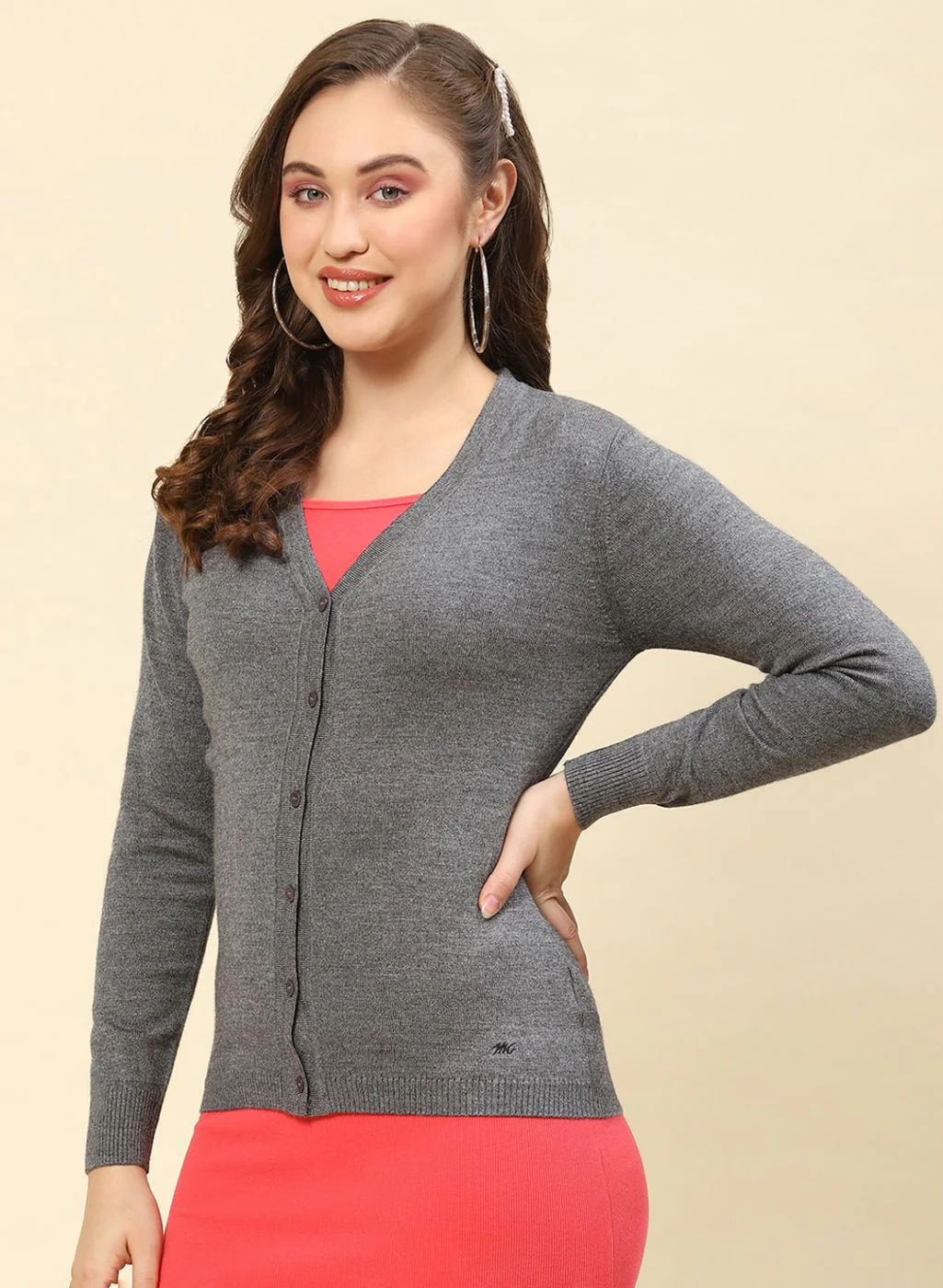 Women Grey Solid Modal Nylone Cardigan - Image 3