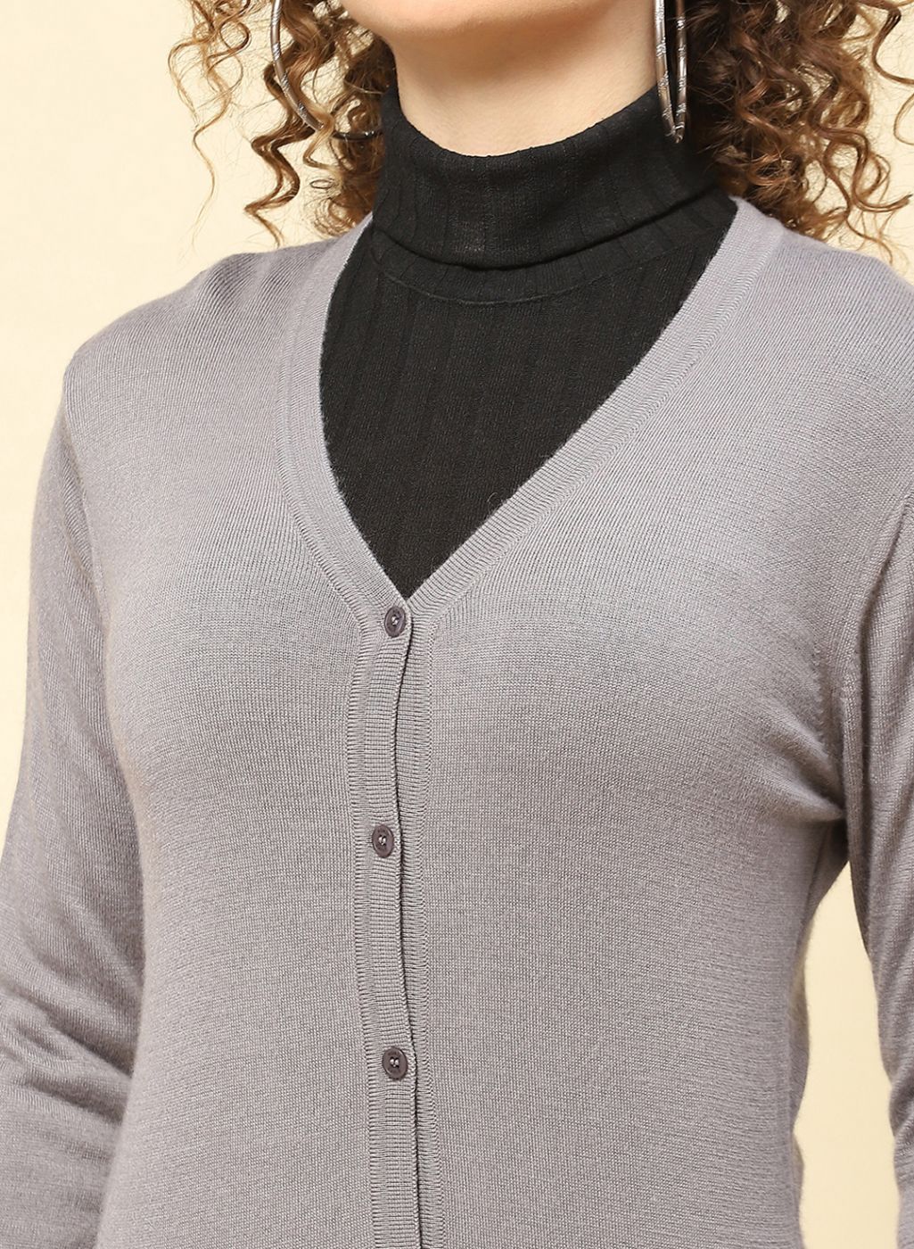 Women Grey Solid Modal Nylone Cardigan - Image 6