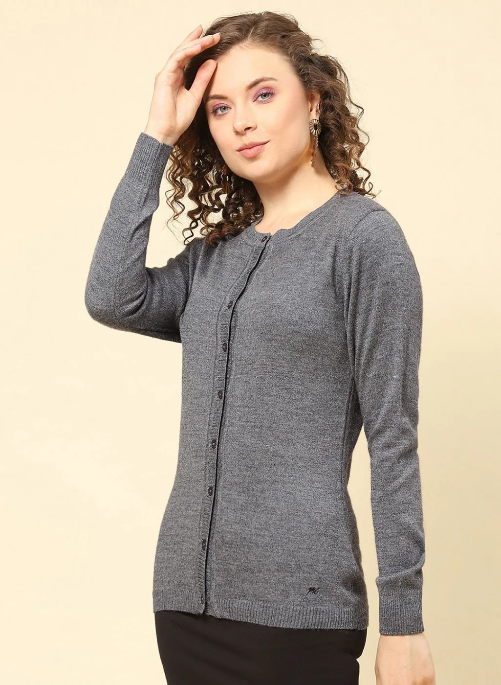 Women Grey Solid Modal Nylone Cardigan - Image 3