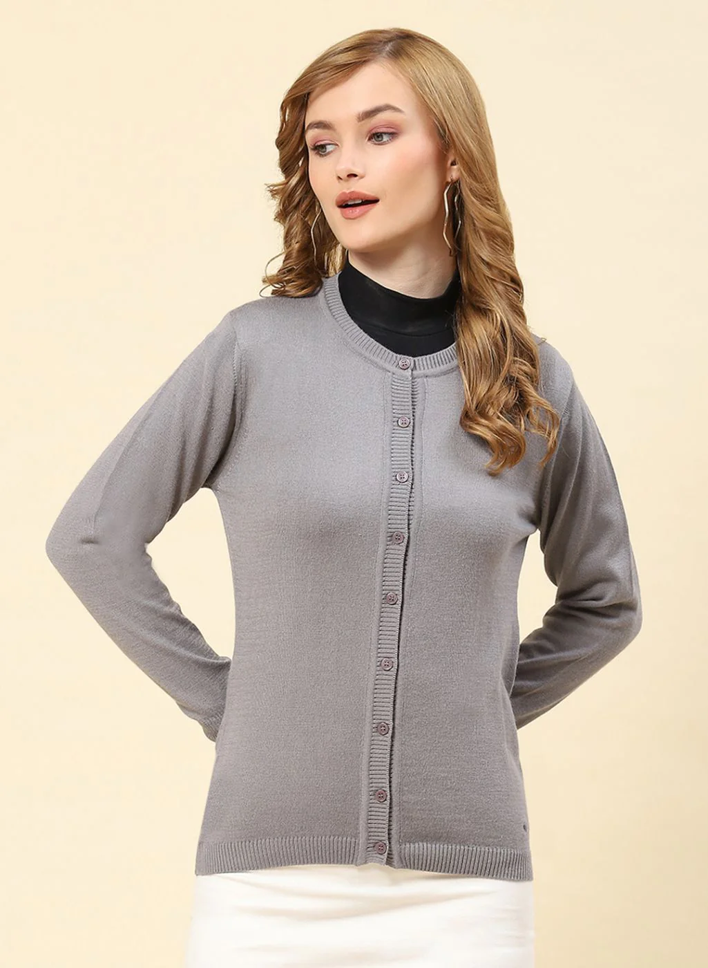 Women Grey Solid Modal Nylone Cardigan - Image 2