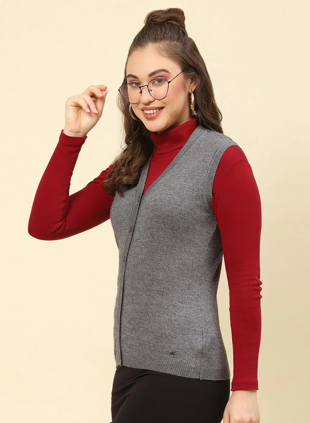 Women Grey Solid Modal Nylone Cardigan - Image 3
