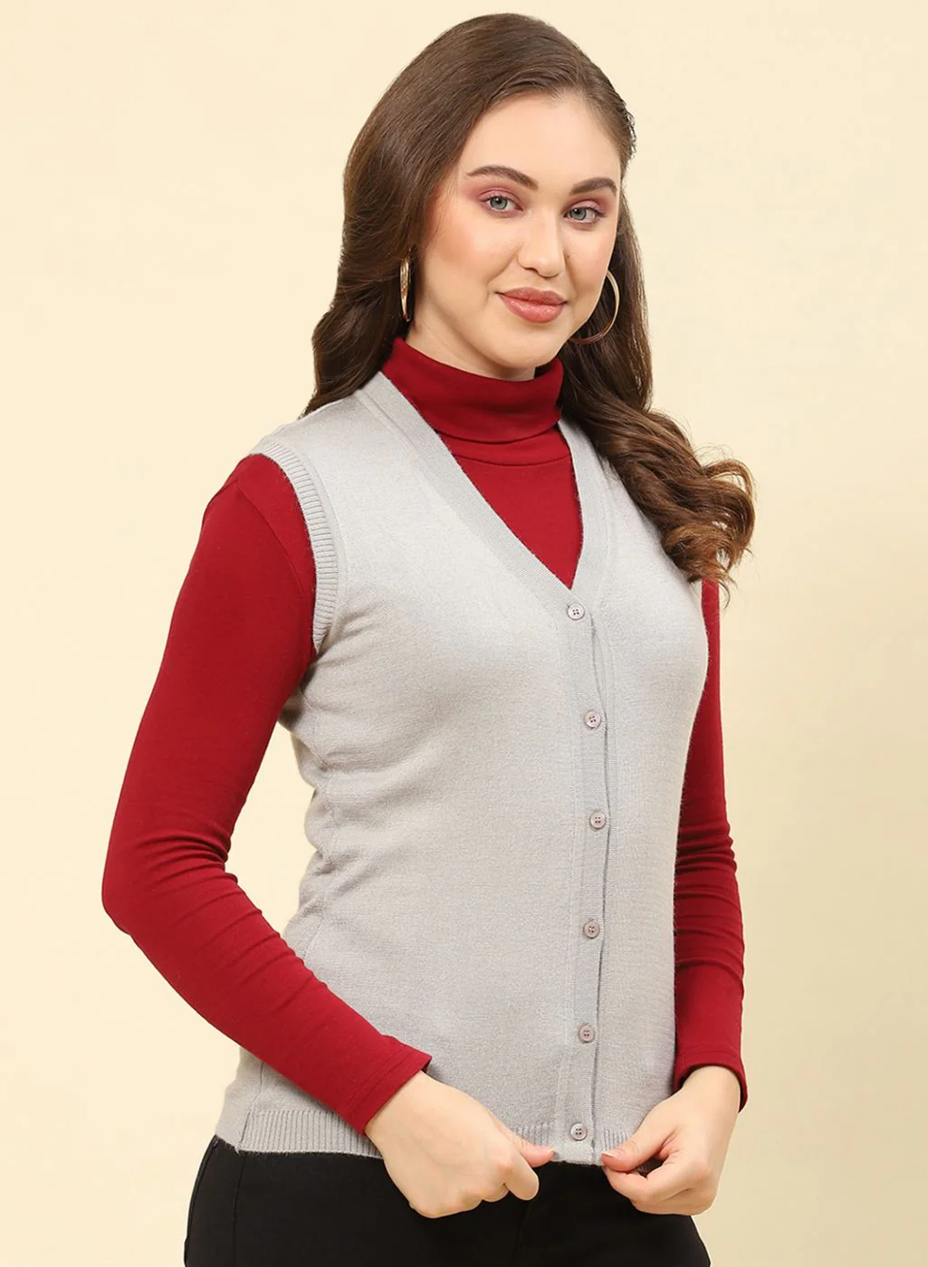 Women Grey Solid Modal Nylone Cardigan - Image 4