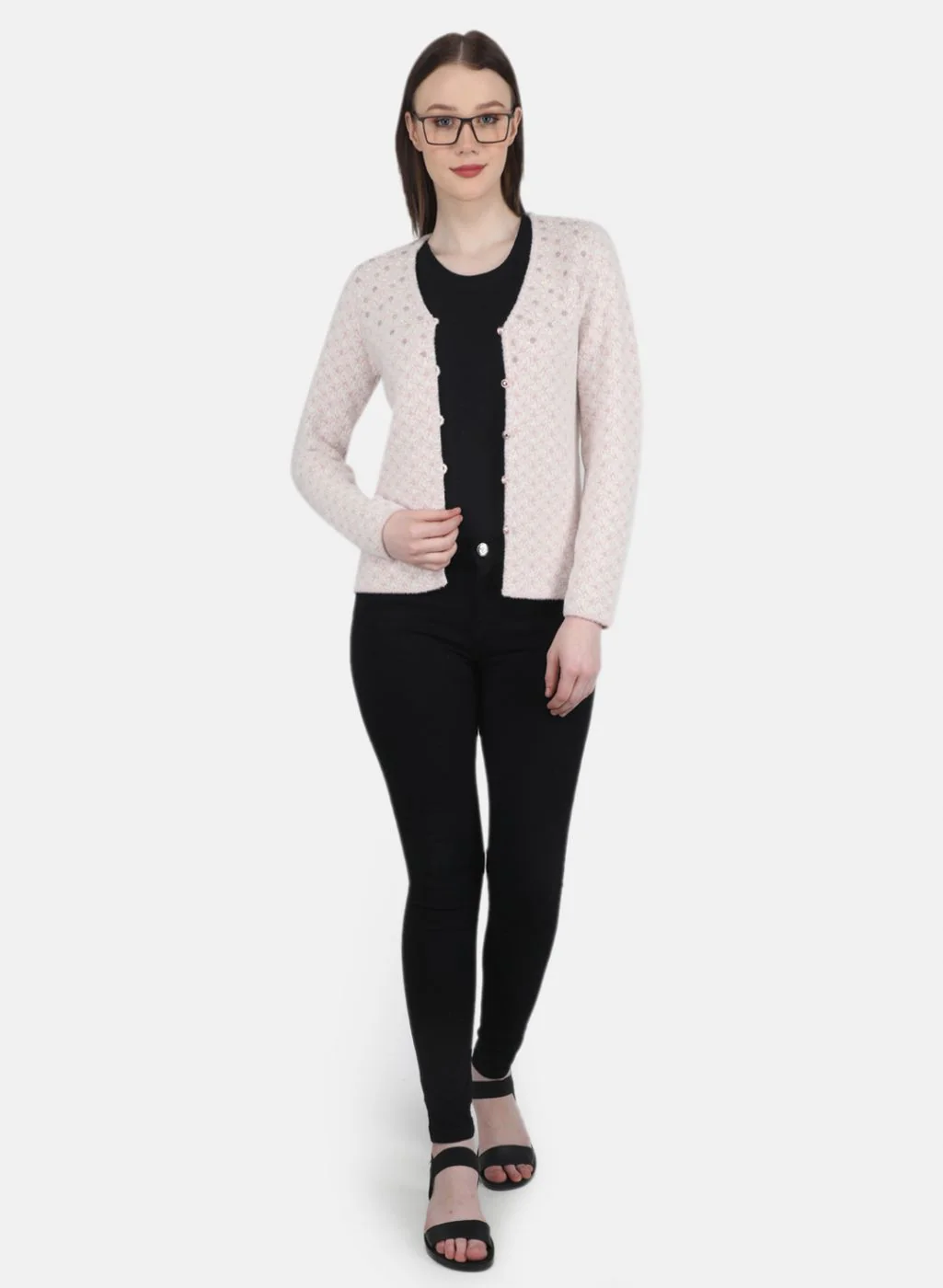 Women Light Pink Jaquard Cardigan - Image 4