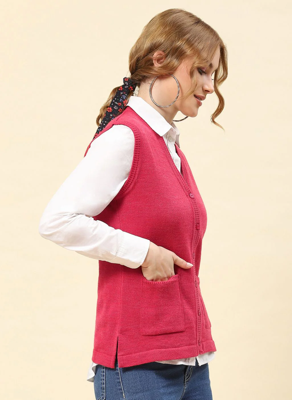 Women Light Red Solid Blend wool Cardigan - Image 4