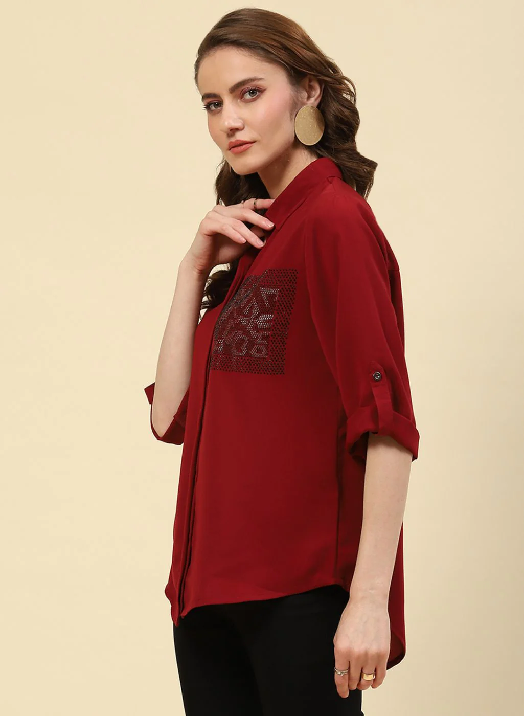 Women Maroon Plain Top - Image 3
