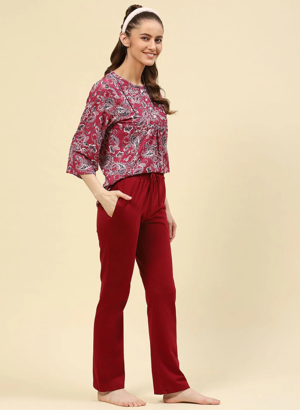 Women Maroon Printed Lower Set - Image 2