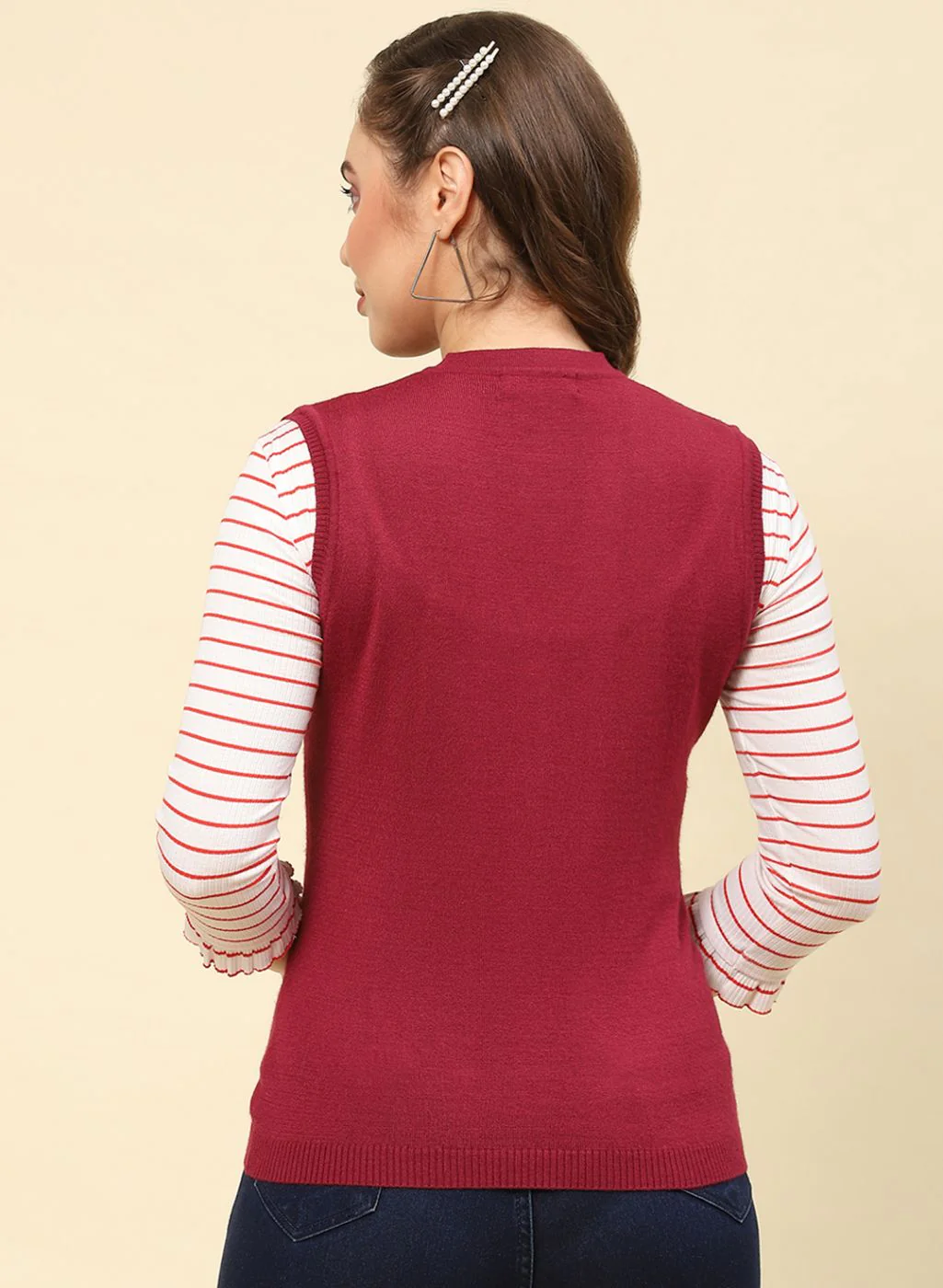 Women Maroon Solid Modal Nylone Cardigan - Image 5