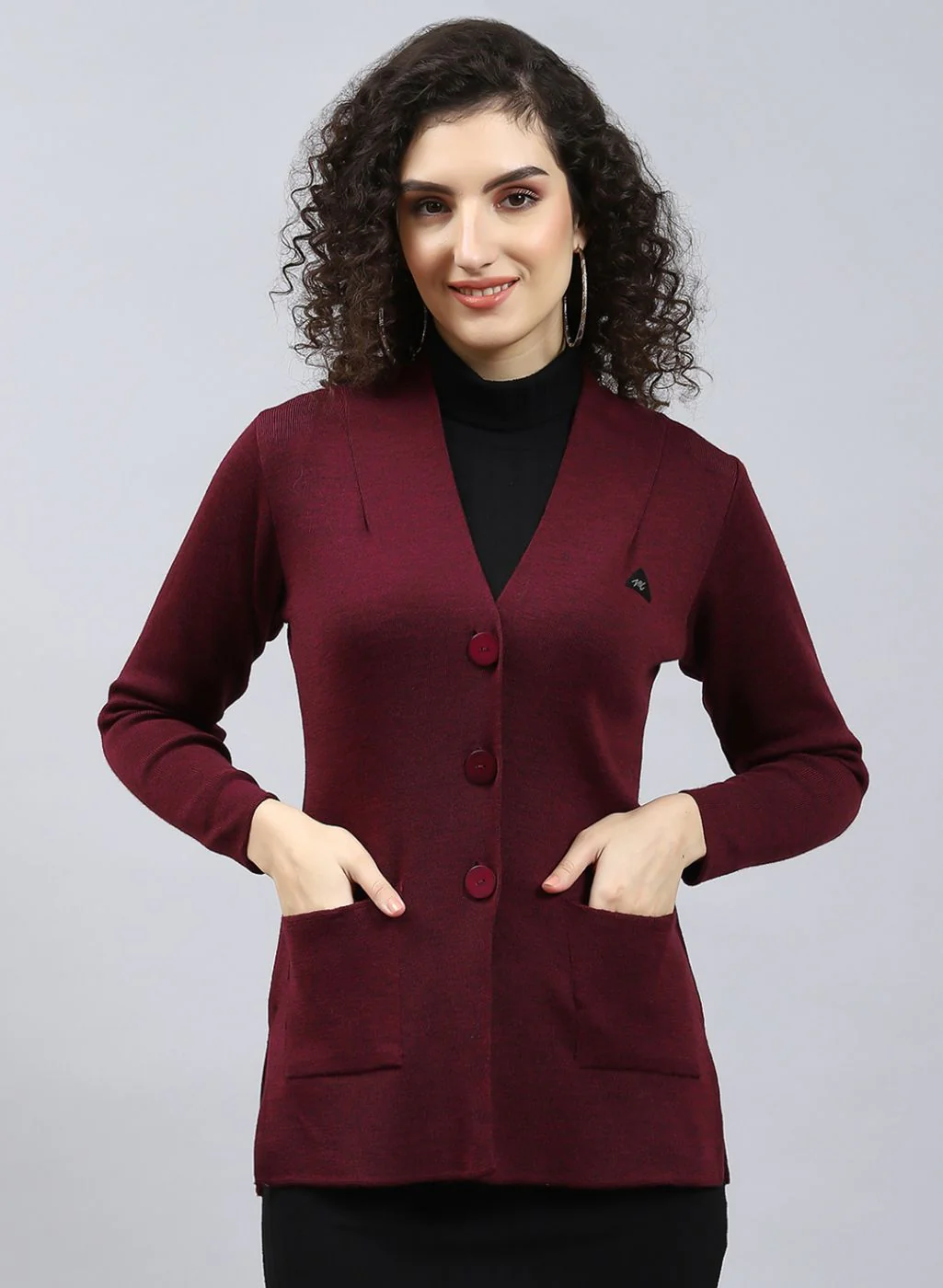 Women Maroon Solid Pure wool Cardigan - Image 2