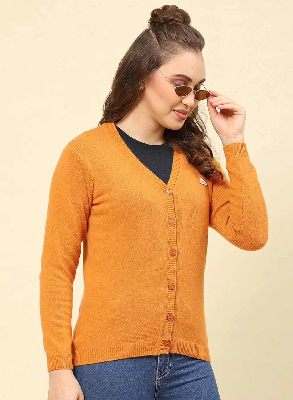 Women Mustard Solid Lamb wool Cardigan - Image 4