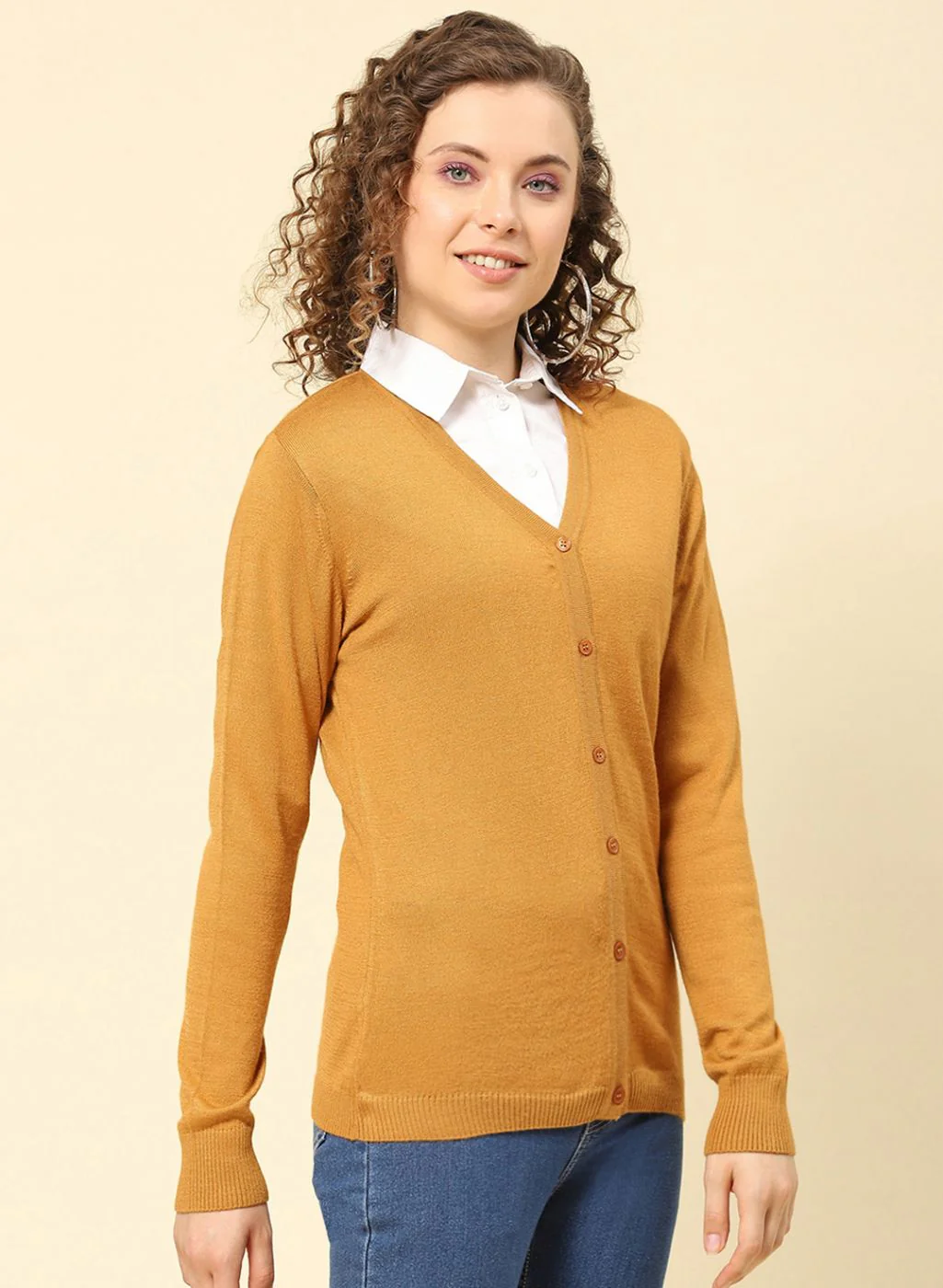 Women Mustard Solid Modal Nylone Cardigan - Image 4