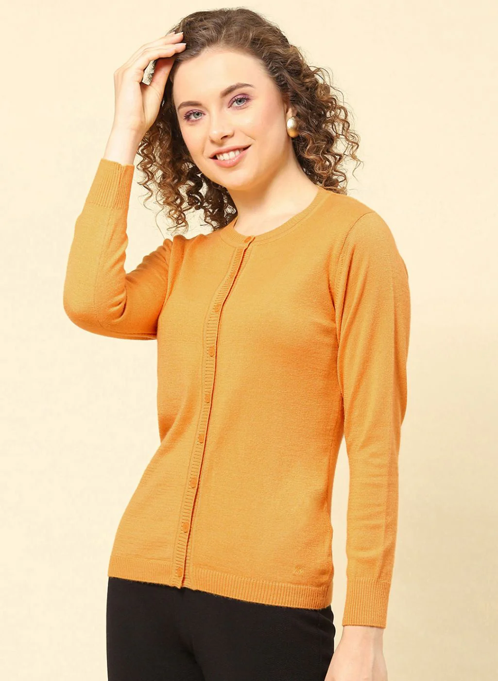 Women Mustard Solid Modal Nylone Cardigan - Image 3