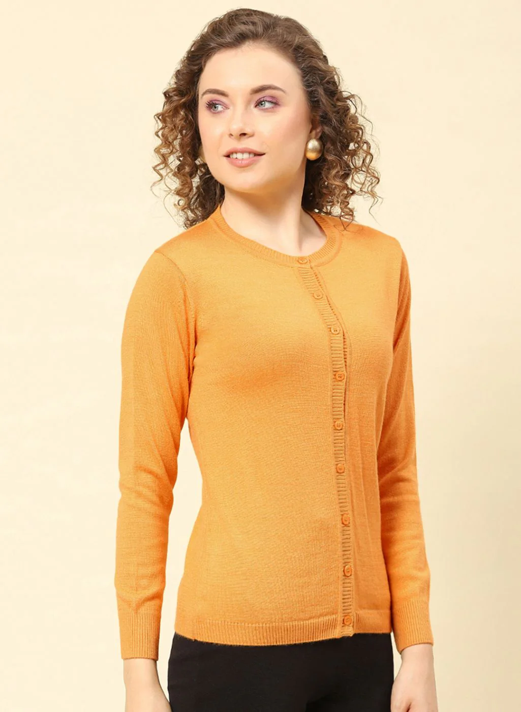 Women Mustard Solid Modal Nylone Cardigan - Image 4