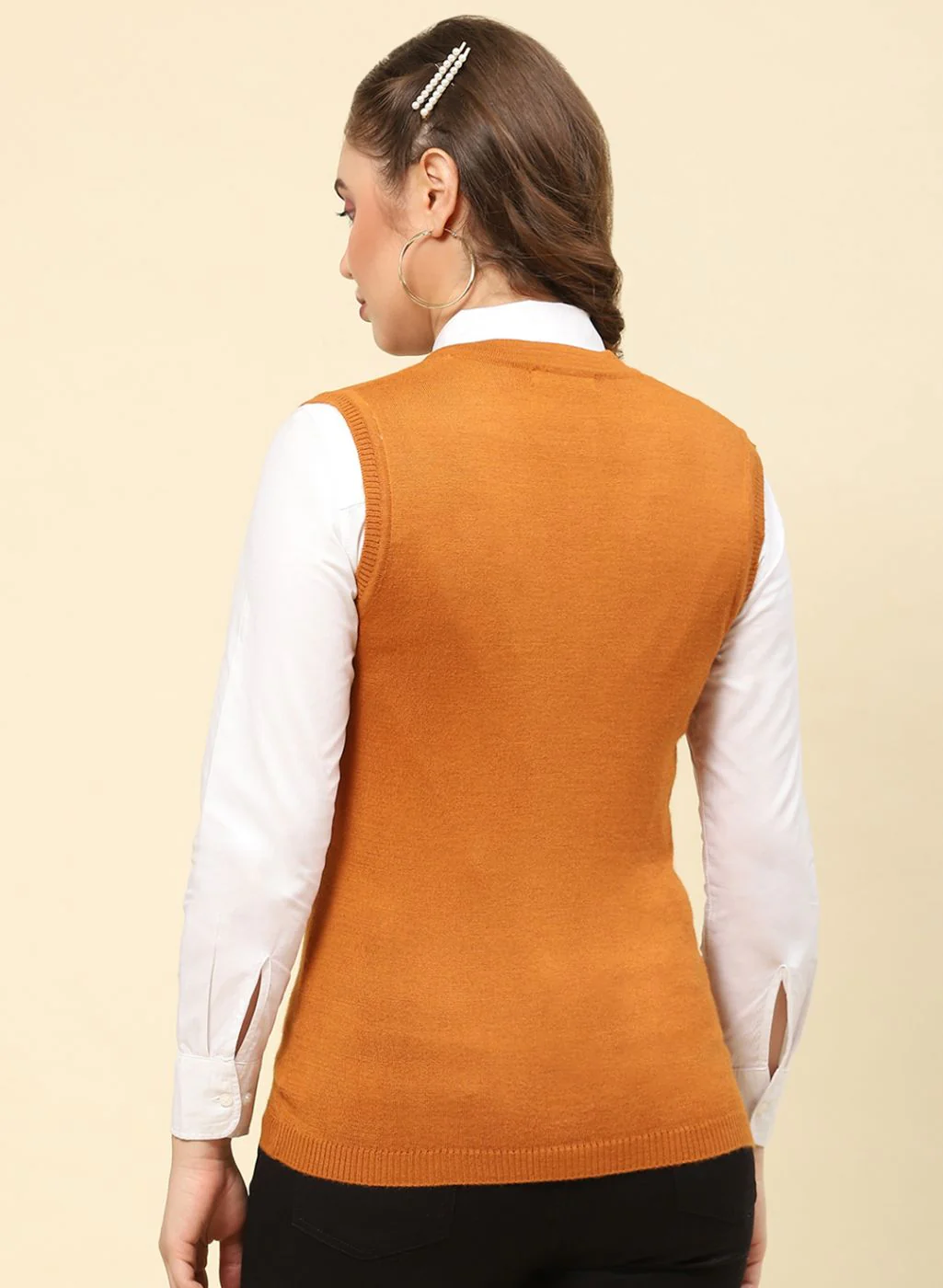 Women Mustard Solid Modal Nylone Cardigan - Image 5