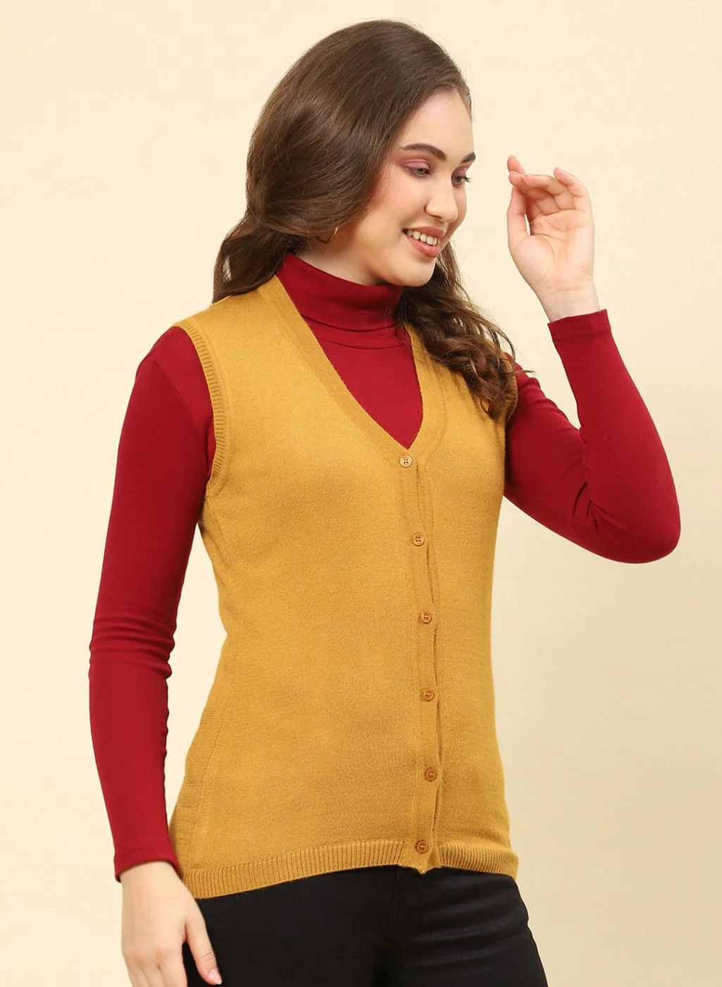 Women Mustard Solid Modal Nylone Cardigan - Image 4