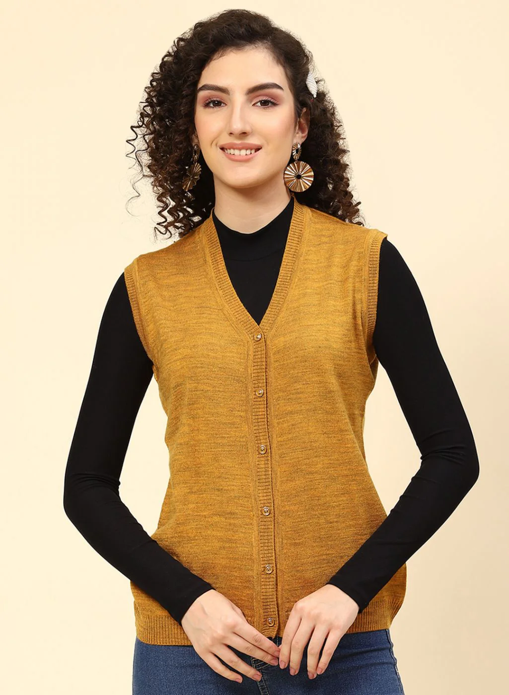 Women Mustard Solid Wool blend Cardigan - Image 2