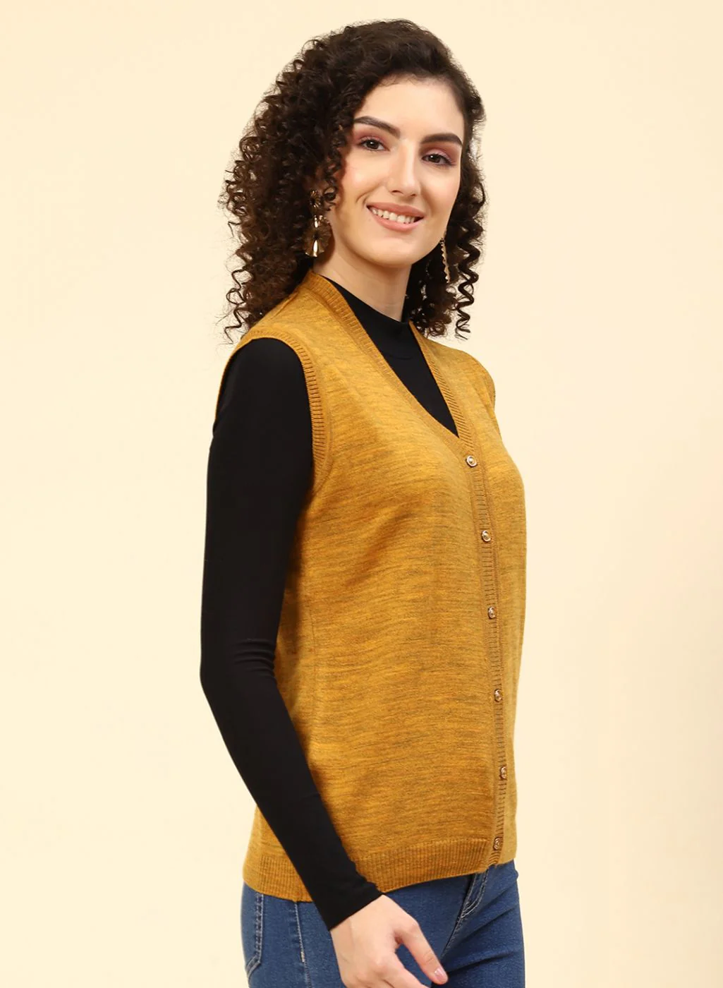 Women Mustard Solid Wool blend Cardigan - Image 4