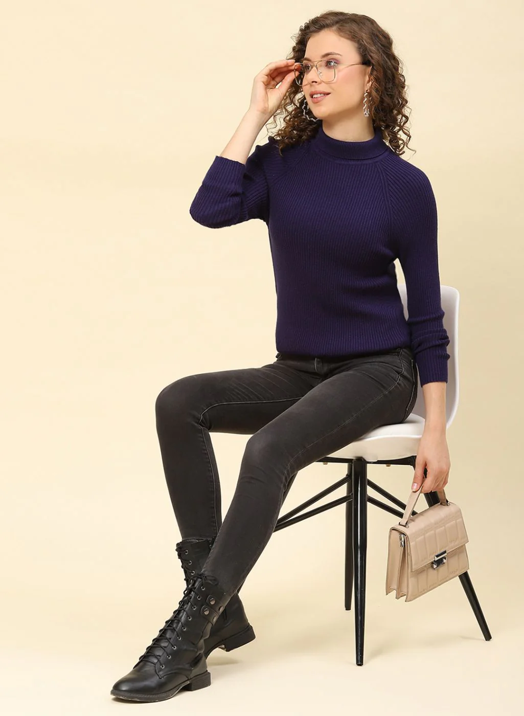 Women NAvy Blue Solid Blend wool Sceavy